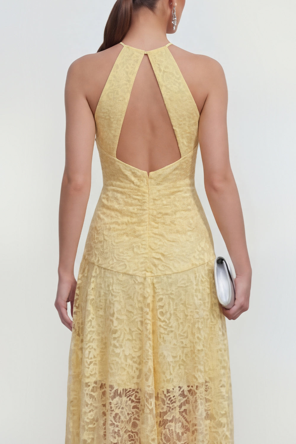 Halter Keyhole Ruched High Low Lace Floral Butter Yellow A Line Formal Dress