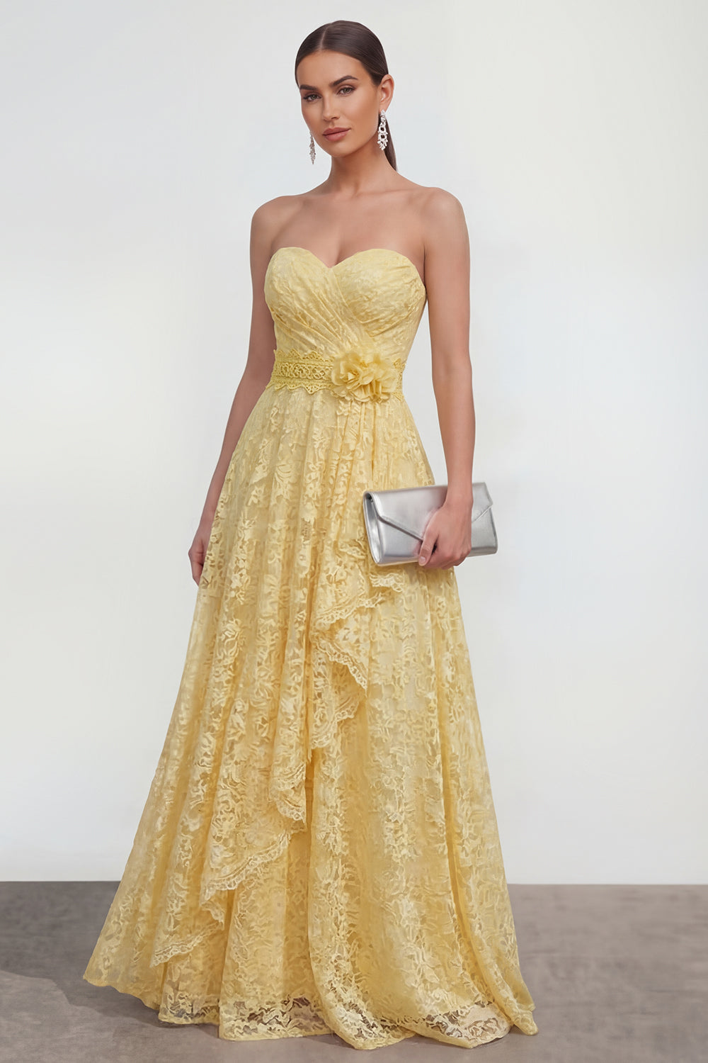 Ruffled Lace Butter Yellow A Line Maxi Formal Dress with 3D Flower