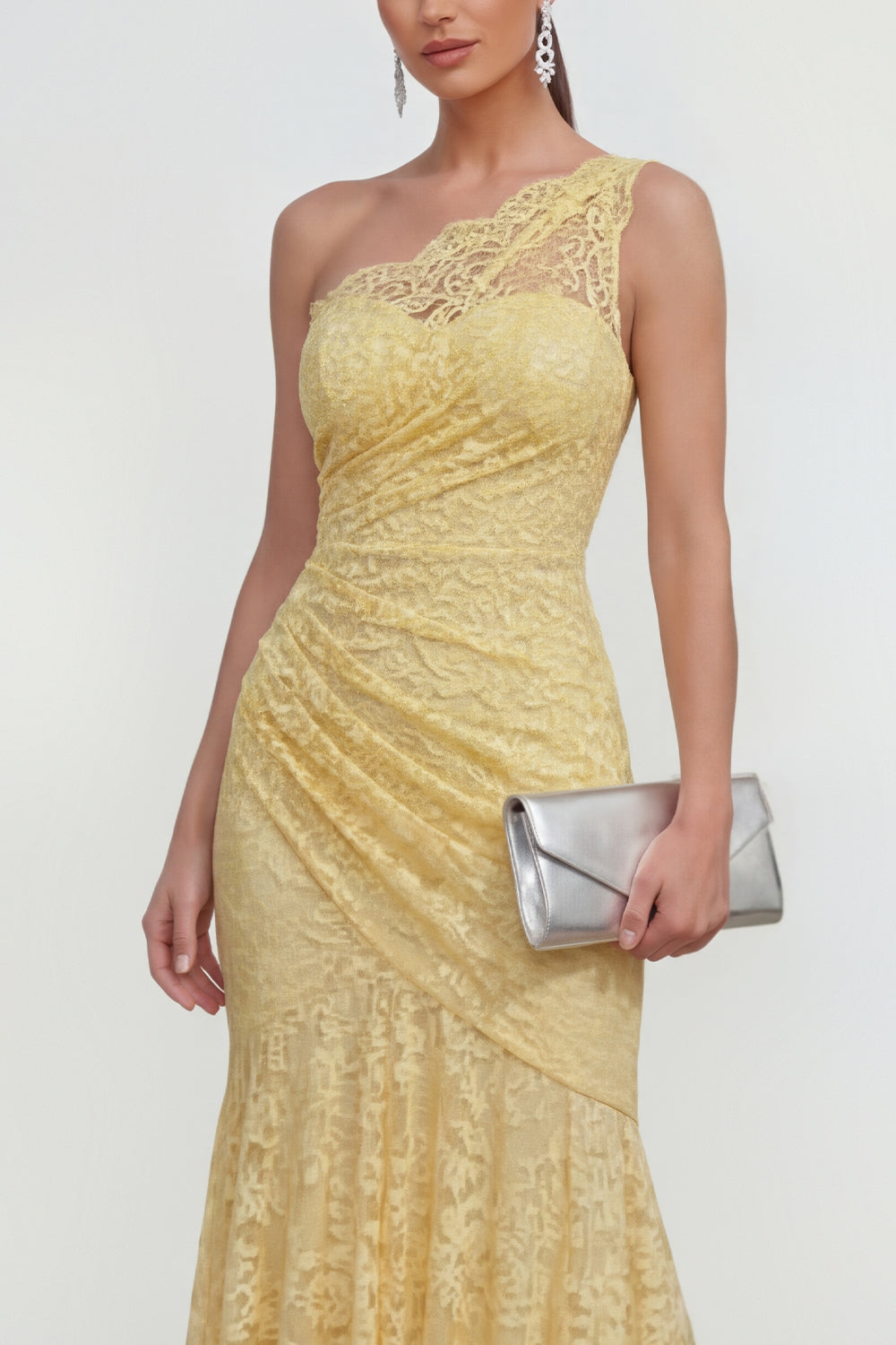 Mermaid Ruched Lace Floral Butter Yellow Asymmetrical Formal Dress