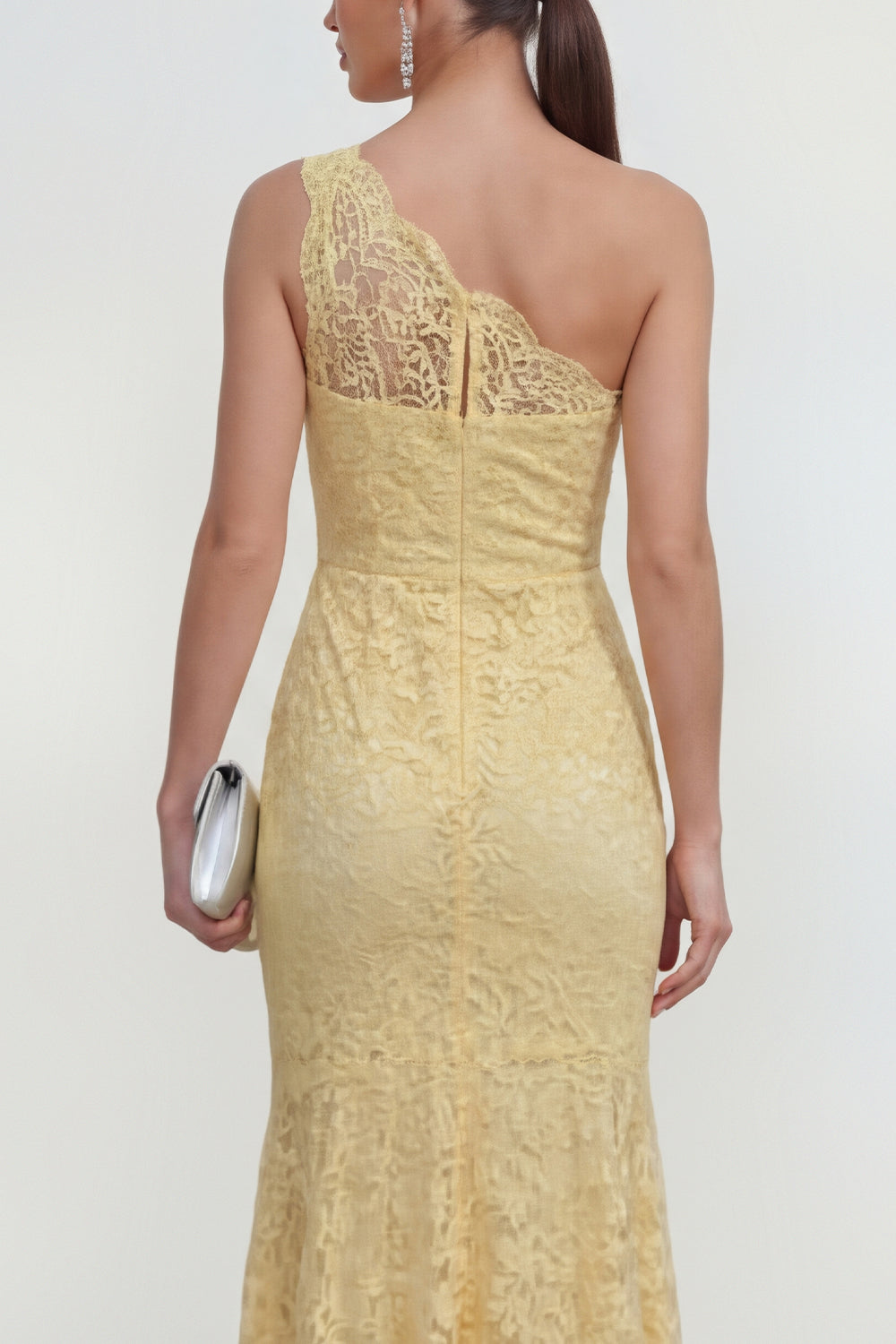 Mermaid Ruched Lace Floral Butter Yellow Asymmetrical Formal Dress