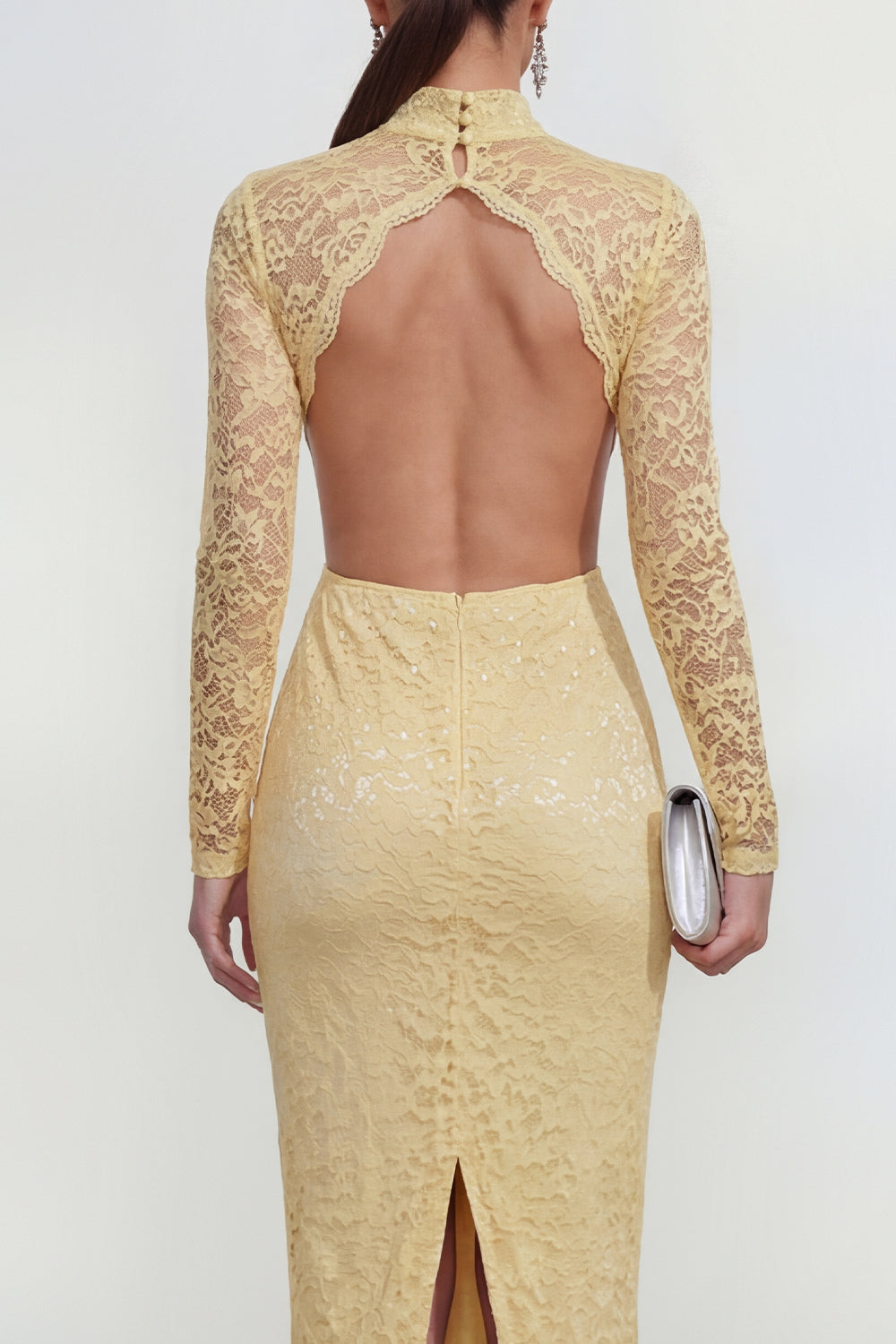 Lace Floral Butter Yellow Bodycon Cut Out Midi Formal Dress with Back Slit