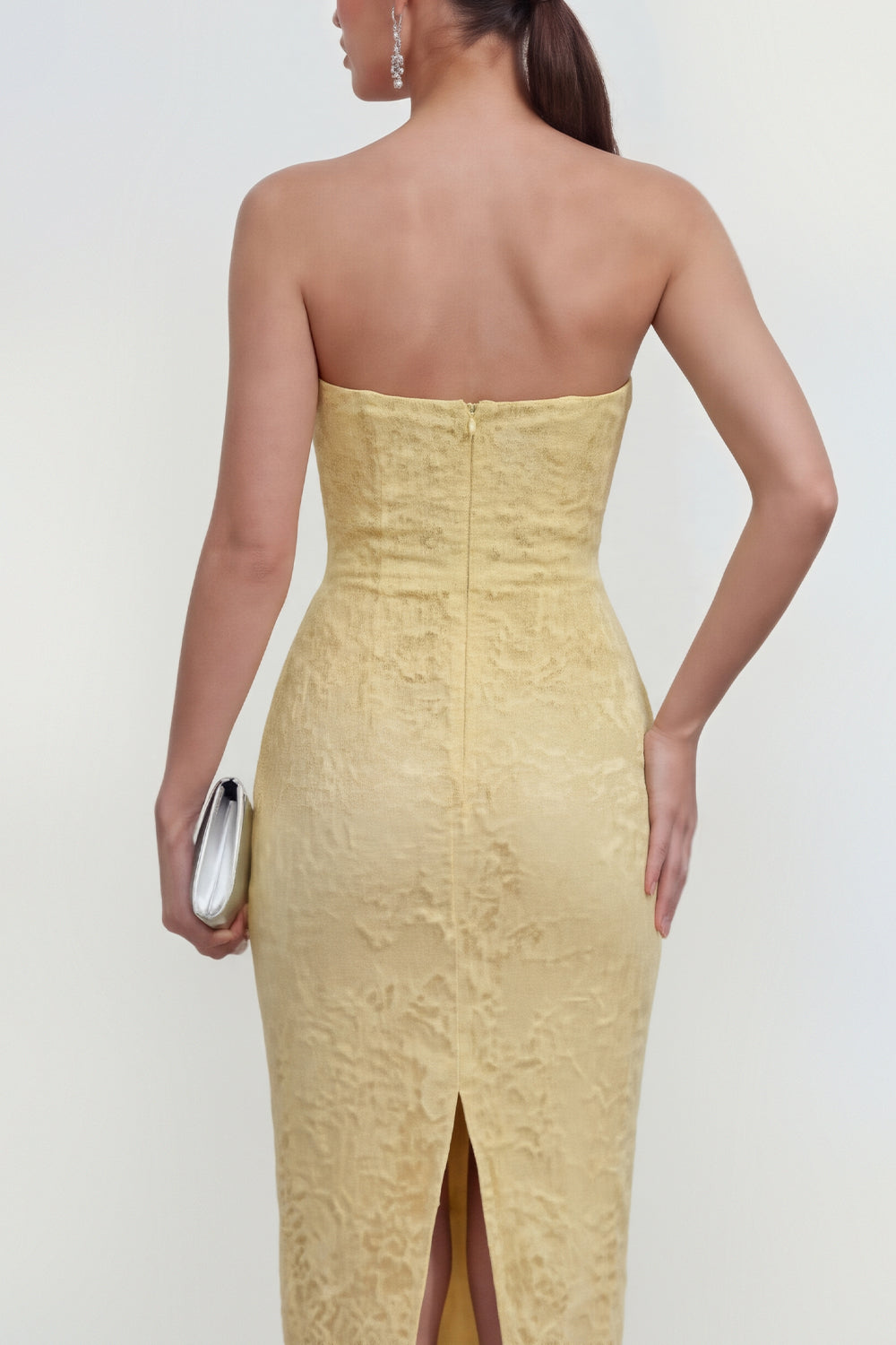 Sweetheart Butter Yellow Bodycon Midi Lace Floral Formal Dress with Back Slit
