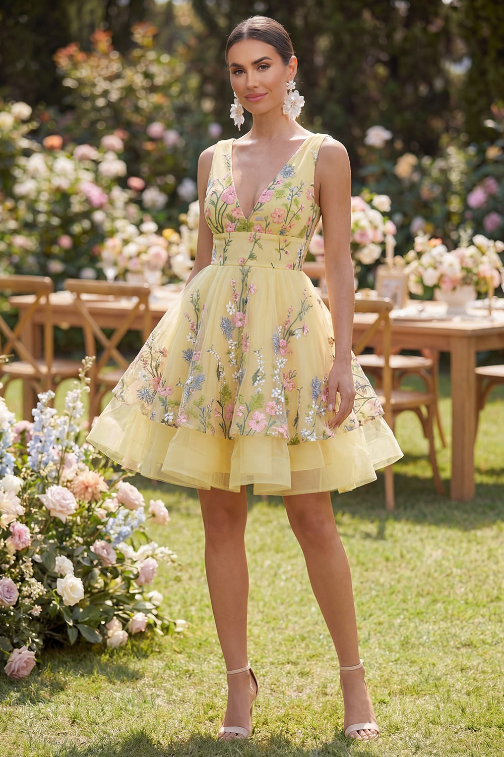 Short V-Neck Floral Butter Yellow A Line Wedding Guest Dress with Ruffles