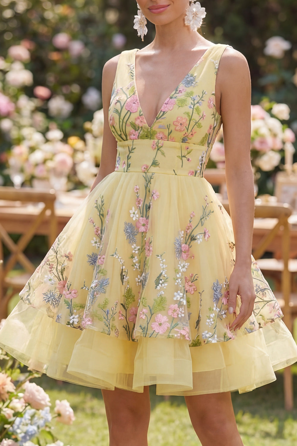 Short V-Neck Floral Butter Yellow A Line Wedding Guest Dress with Ruffles