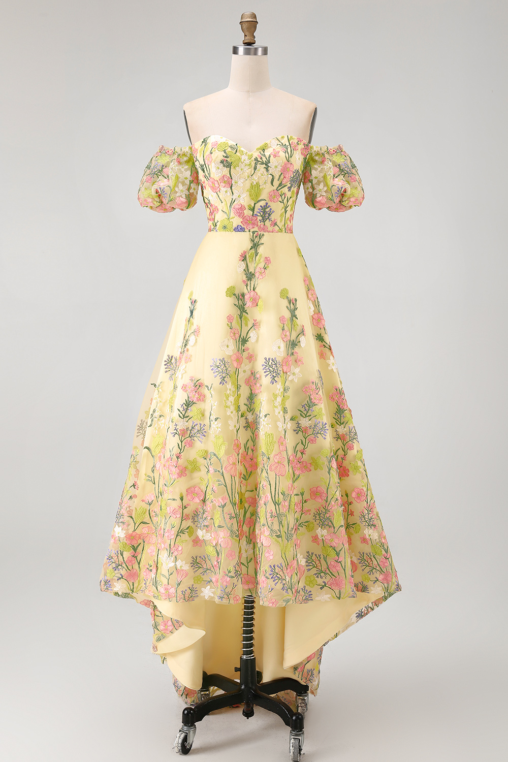 Puff Sleeves Floral Butter Yellow A Line High Low Formal Dress