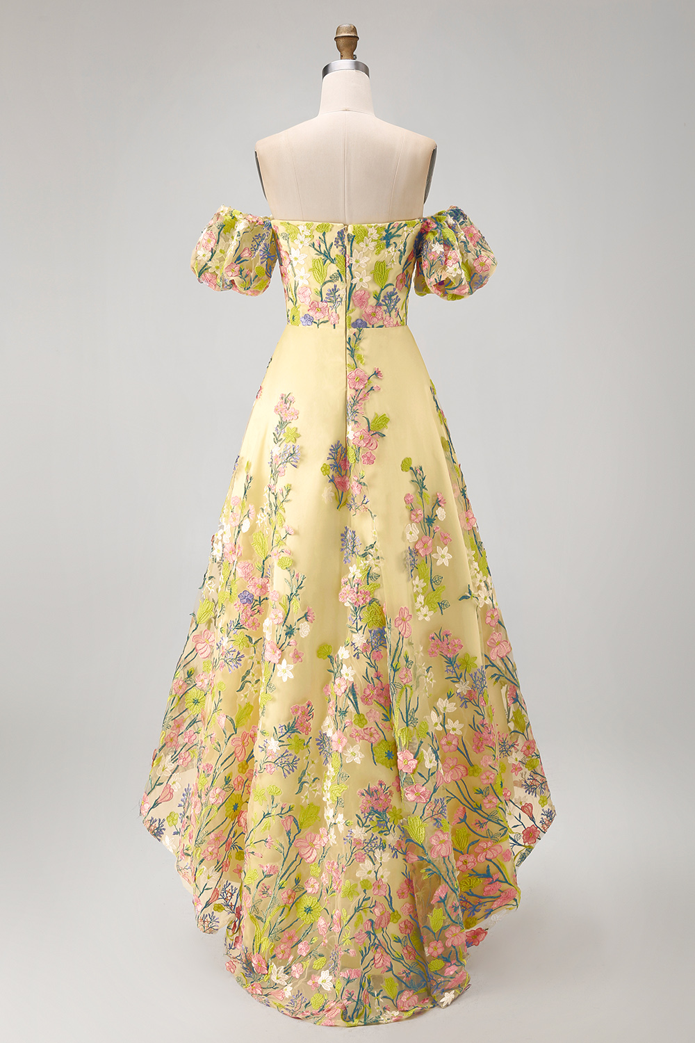 Puff Sleeves Floral Butter Yellow A Line High Low Formal Dress