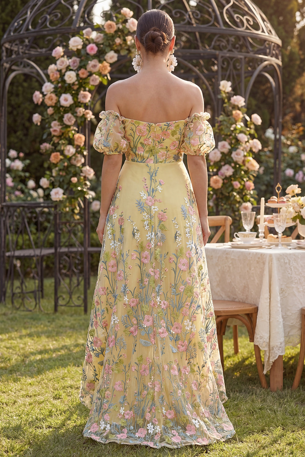 Puff Sleeves Floral Butter Yellow A Line High Low Formal Dress