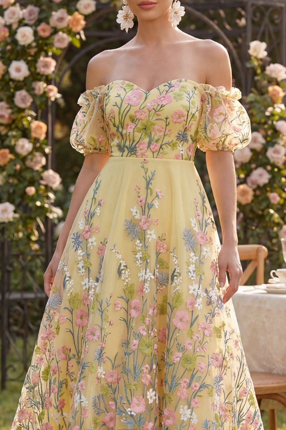 Puff Sleeves Floral Butter Yellow A Line High Low Formal Dress