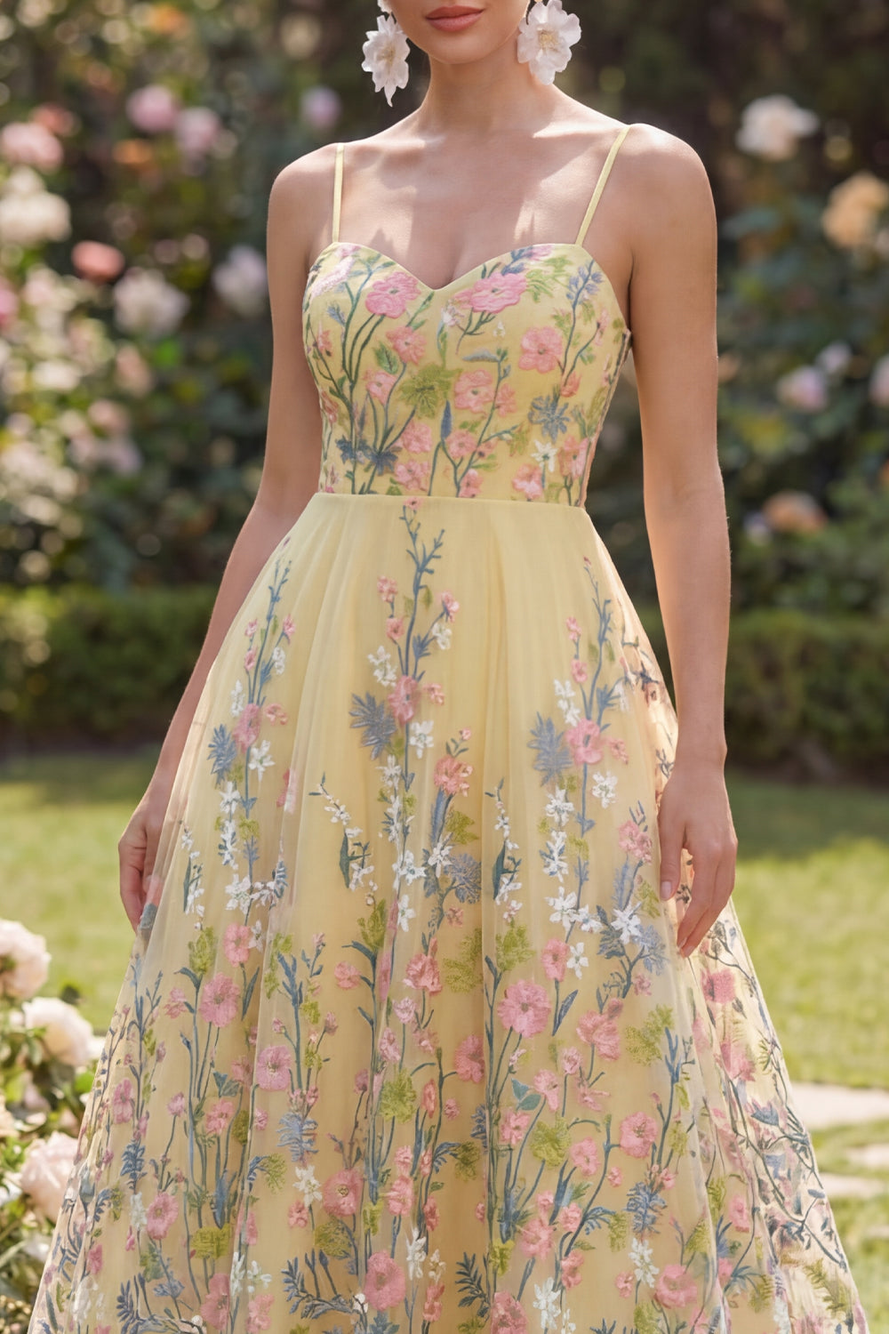 Spaghetti Straps Floral Butter Yellow A Line Maxi Formal Dress