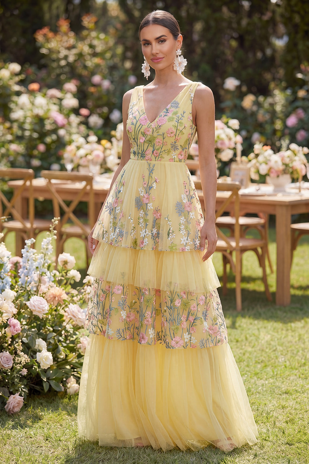 Floral Butter Yellow V-Neck A Line Long Formal Dress with Ruffles