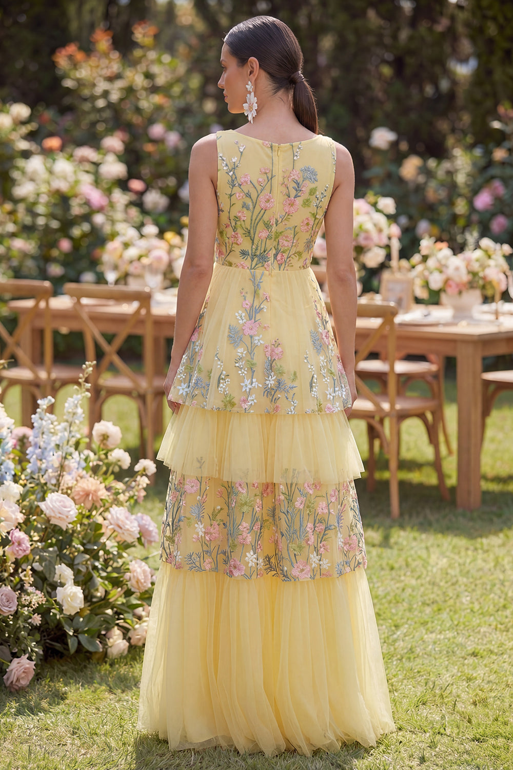 Floral Butter Yellow V-Neck A Line Long Formal Dress with Ruffles