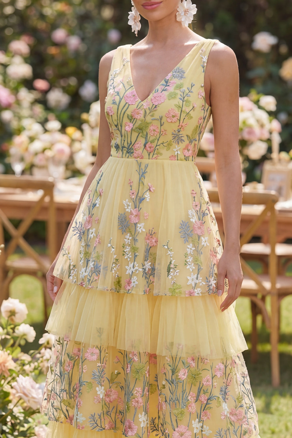 Floral Butter Yellow V-Neck A Line Long Formal Dress with Ruffles