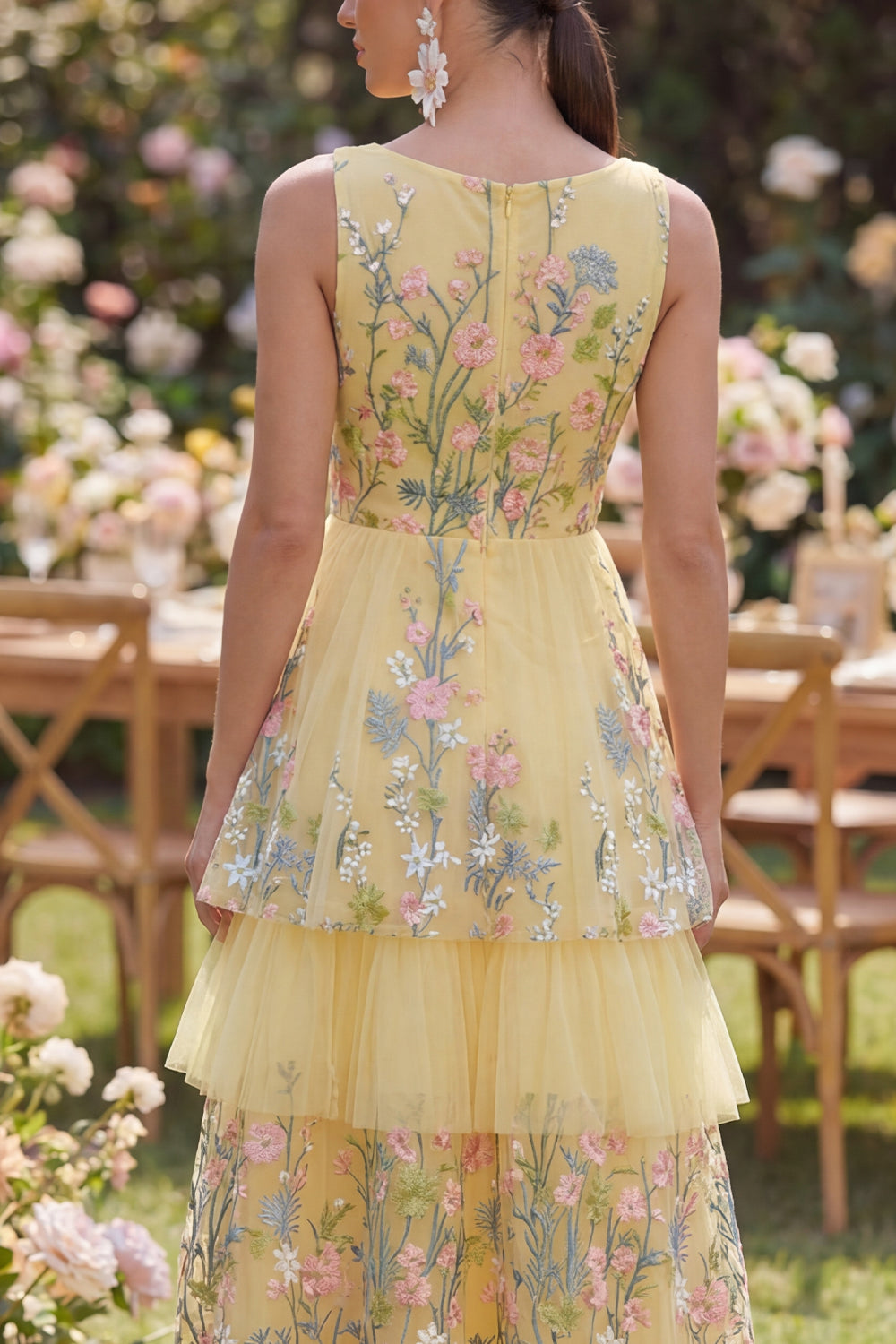 Floral Butter Yellow V-Neck A Line Long Formal Dress with Ruffles
