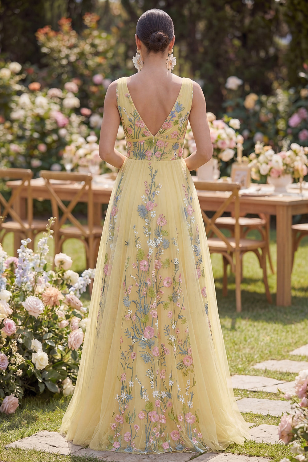 A Line Long V-Neck Floral Butter Yellow Formal Dress