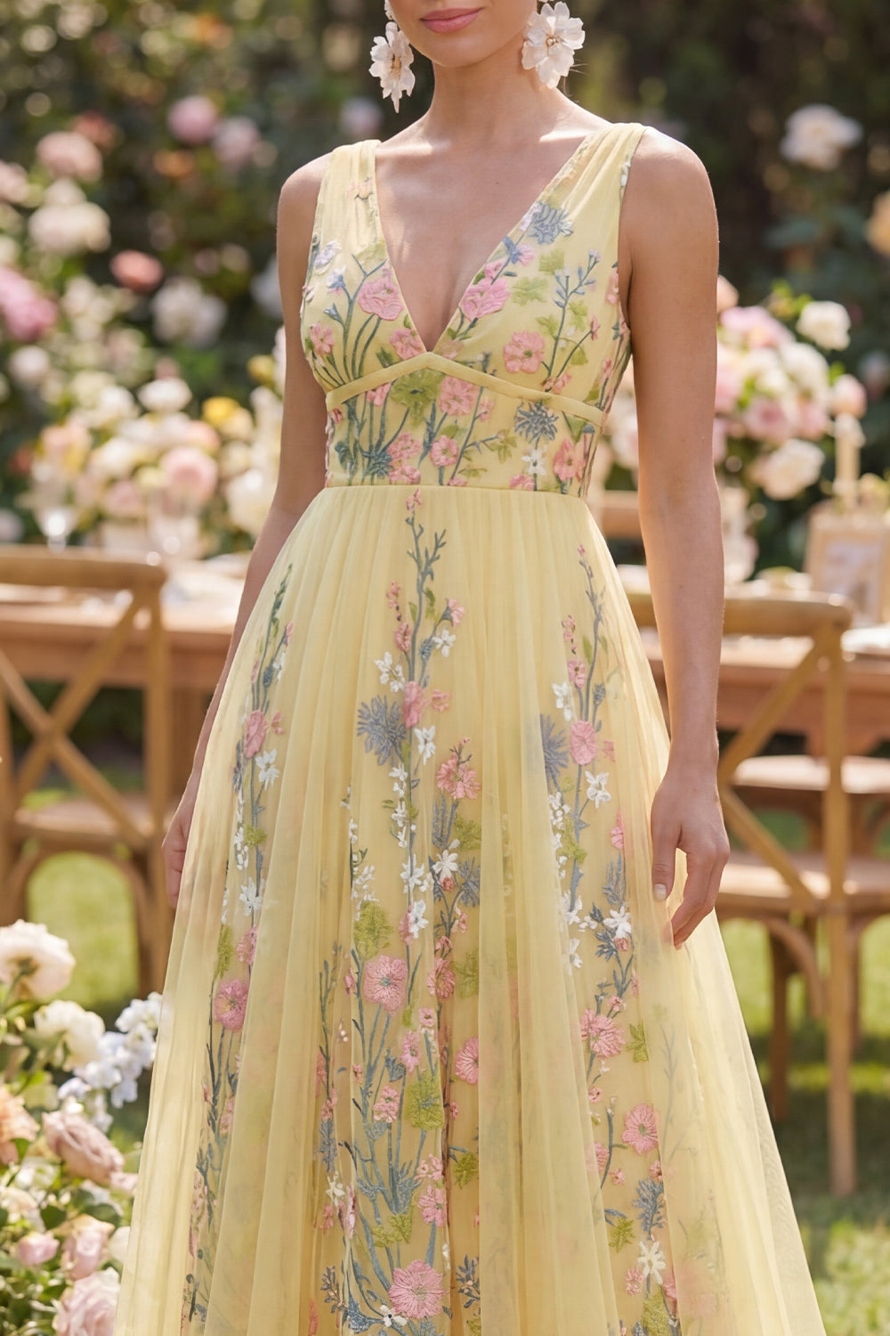 A Line Long V-Neck Floral Butter Yellow Formal Dress