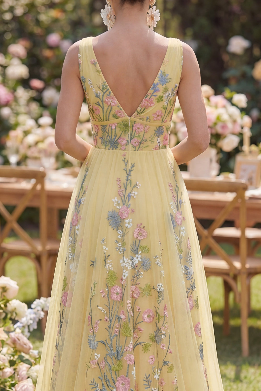 A Line Long V-Neck Floral Butter Yellow Formal Dress