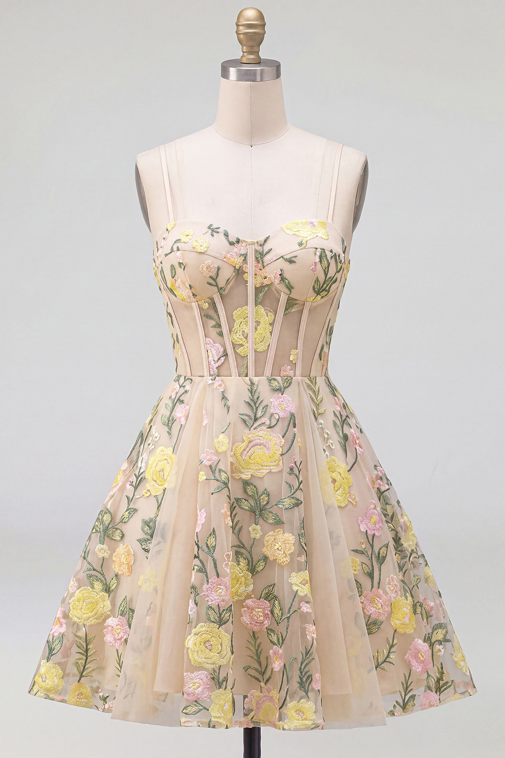 Short Spaghetti Straps Floral Champagne Corset A Line Homecoming Dress