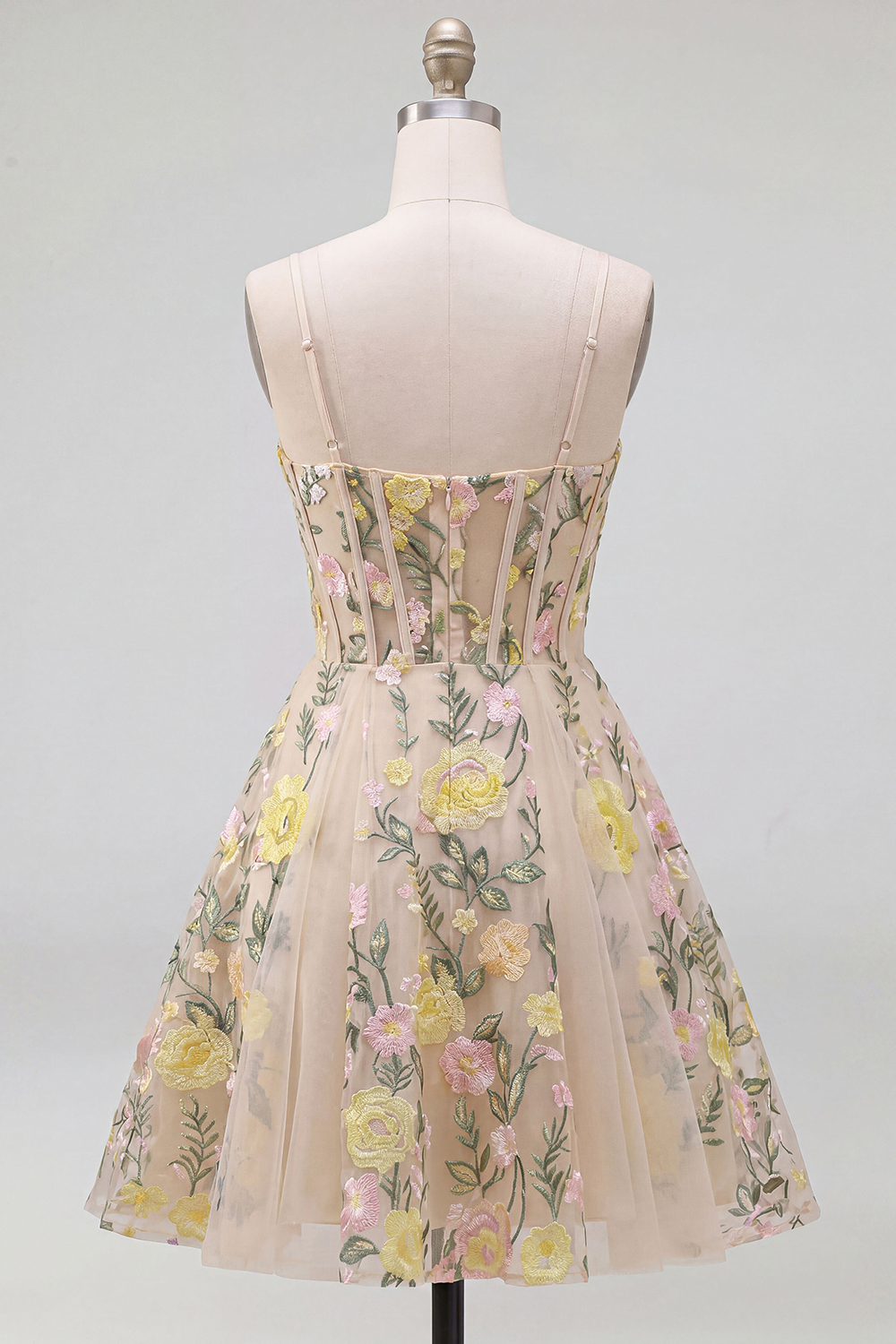 Short Spaghetti Straps Floral Champagne Corset A Line Homecoming Dress