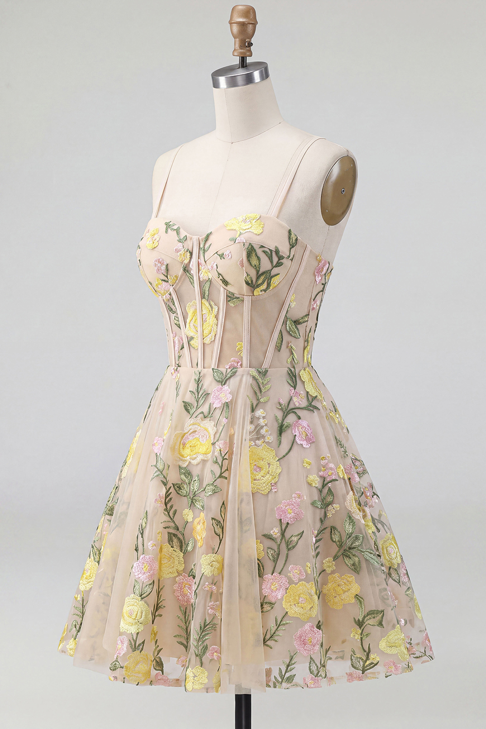 Short Spaghetti Straps Floral Champagne Corset A Line Homecoming Dress