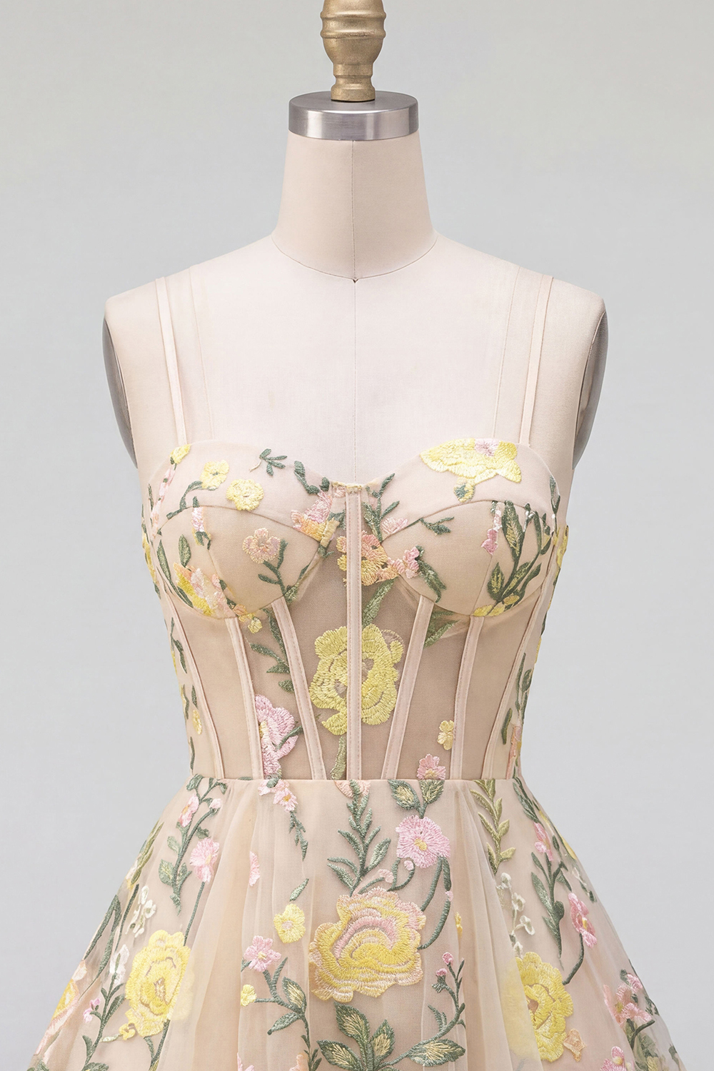 Short Spaghetti Straps Floral Champagne Corset A Line Homecoming Dress