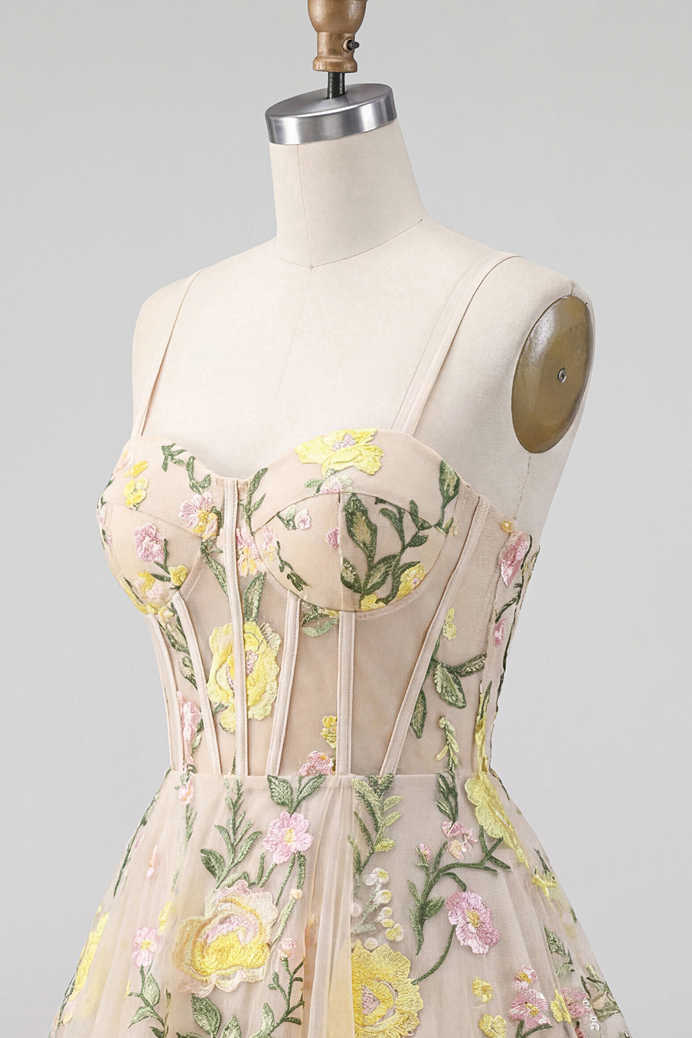 Short Spaghetti Straps Floral Champagne Corset A Line Homecoming Dress