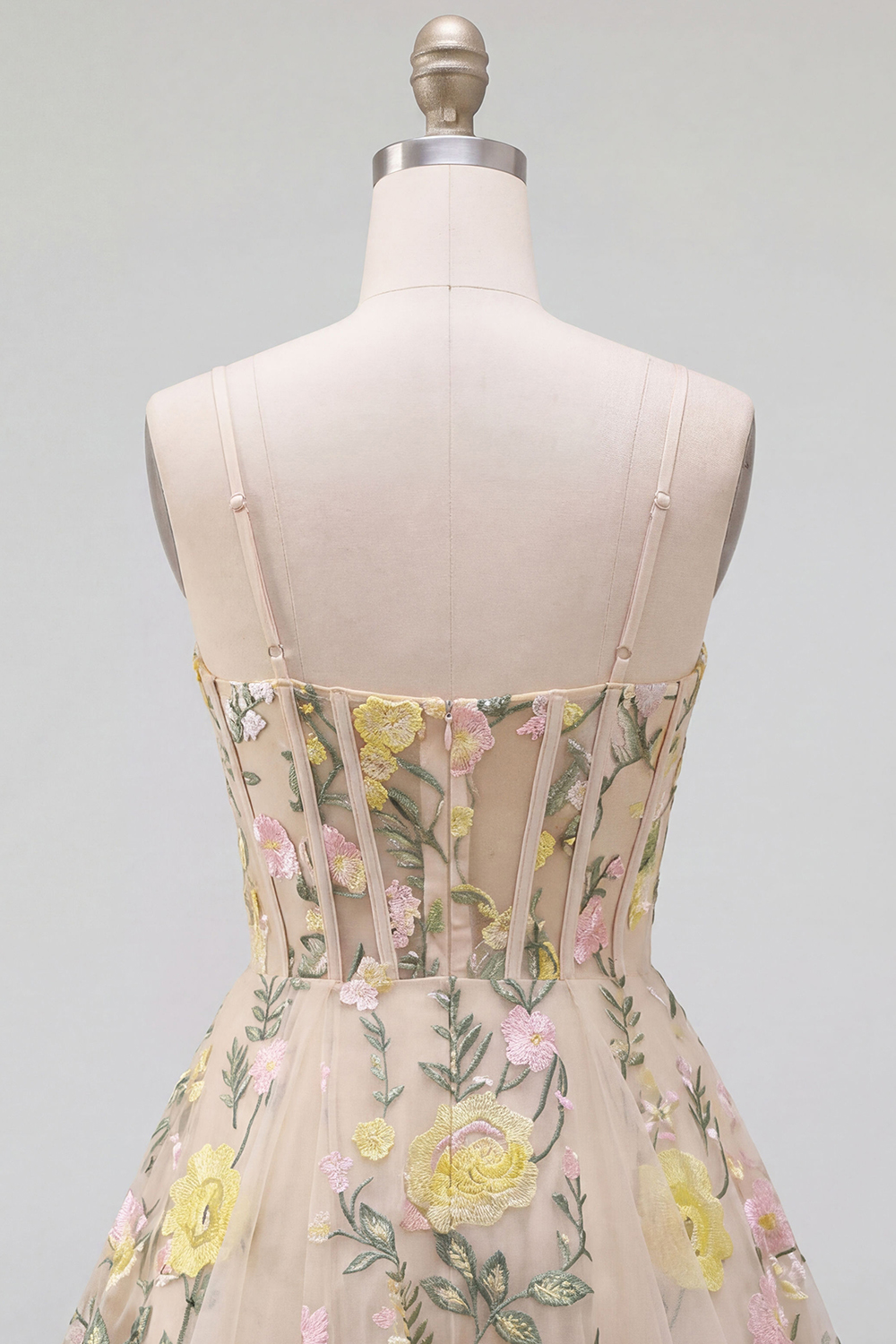 Short Spaghetti Straps Floral Champagne Corset A Line Homecoming Dress