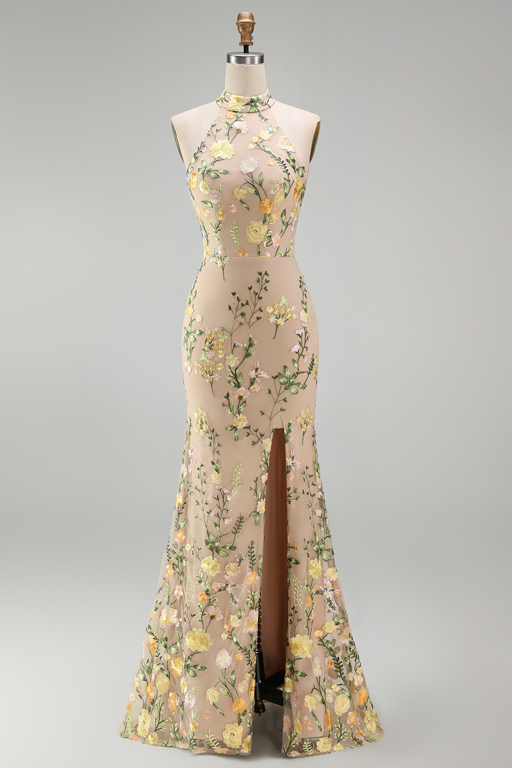 High Neck Floral Champagne Mermaid Open Back Long Formal Dress with Slit