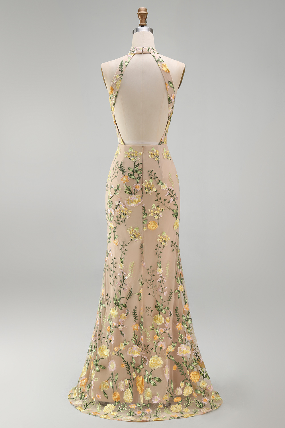 High Neck Floral Champagne Mermaid Open Back Long Formal Dress with Slit