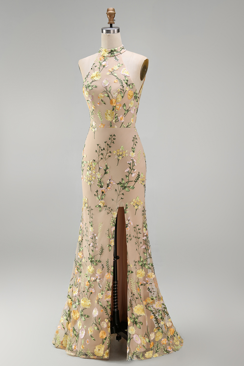High Neck Floral Champagne Mermaid Open Back Long Formal Dress with Slit