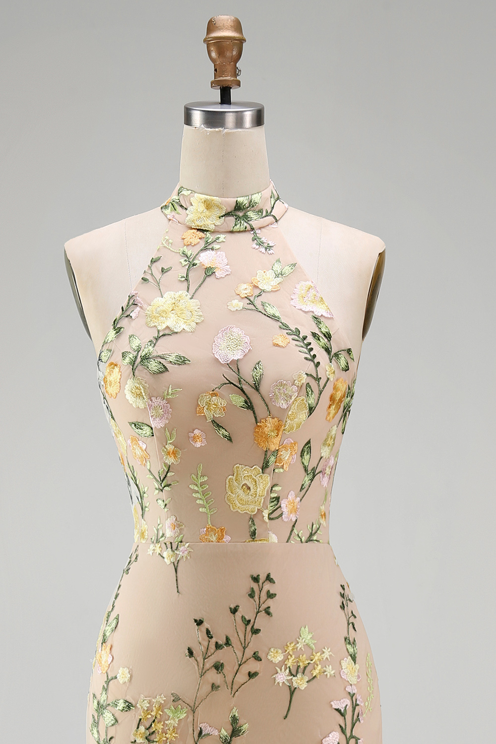 High Neck Floral Champagne Mermaid Open Back Long Formal Dress with Slit
