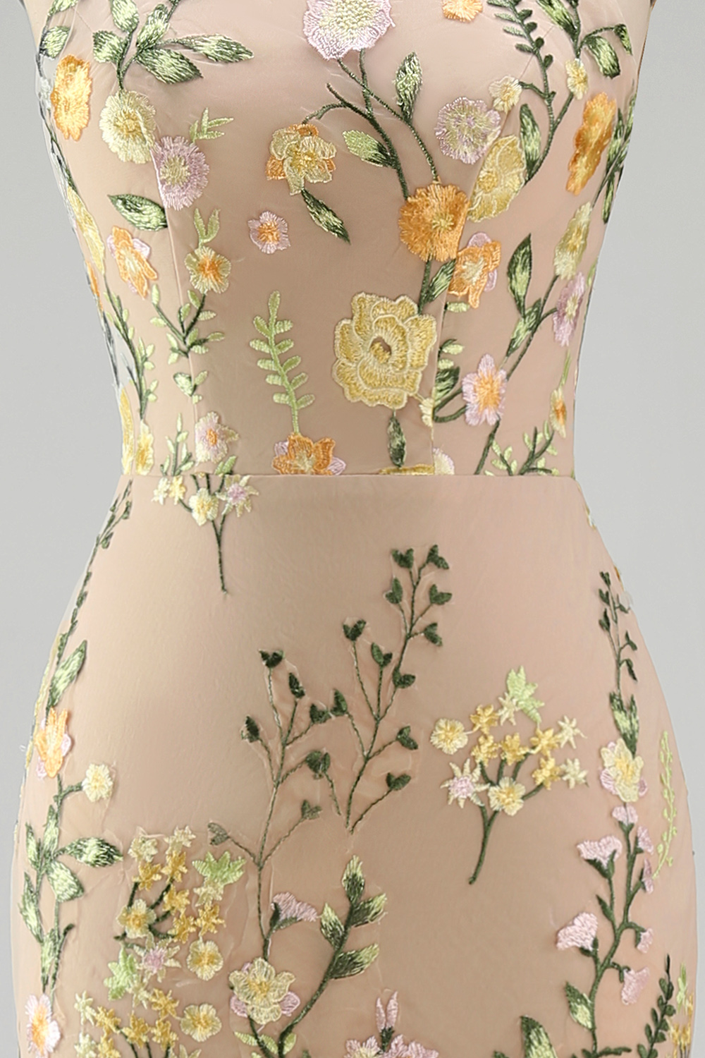 High Neck Floral Champagne Mermaid Open Back Long Formal Dress with Slit