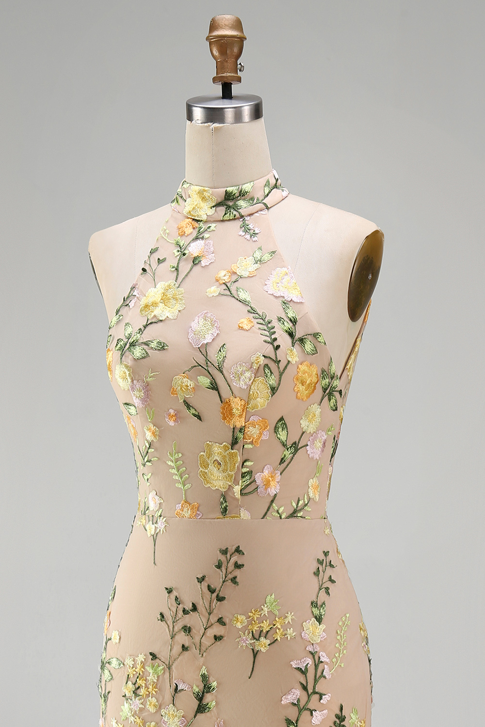 High Neck Floral Champagne Mermaid Open Back Long Formal Dress with Slit