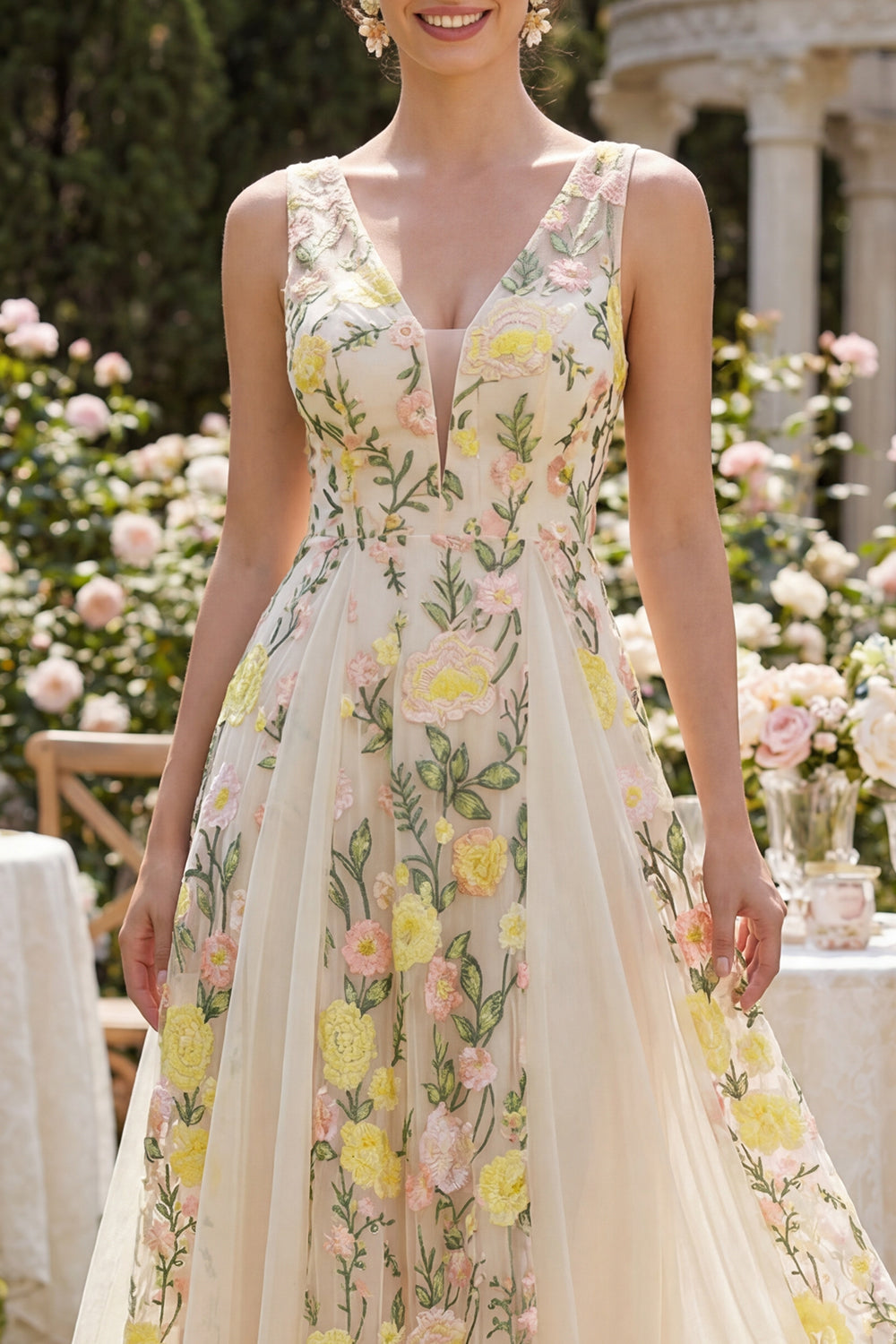 V-Neck Floral Champagne A Line Maxi Formal Dress