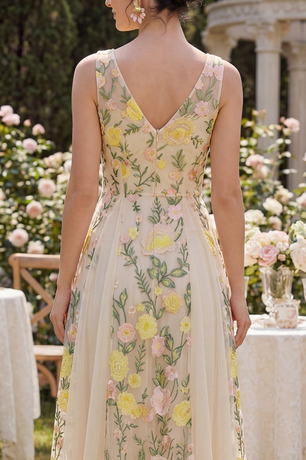 V-Neck Floral Champagne A Line Maxi Formal Dress