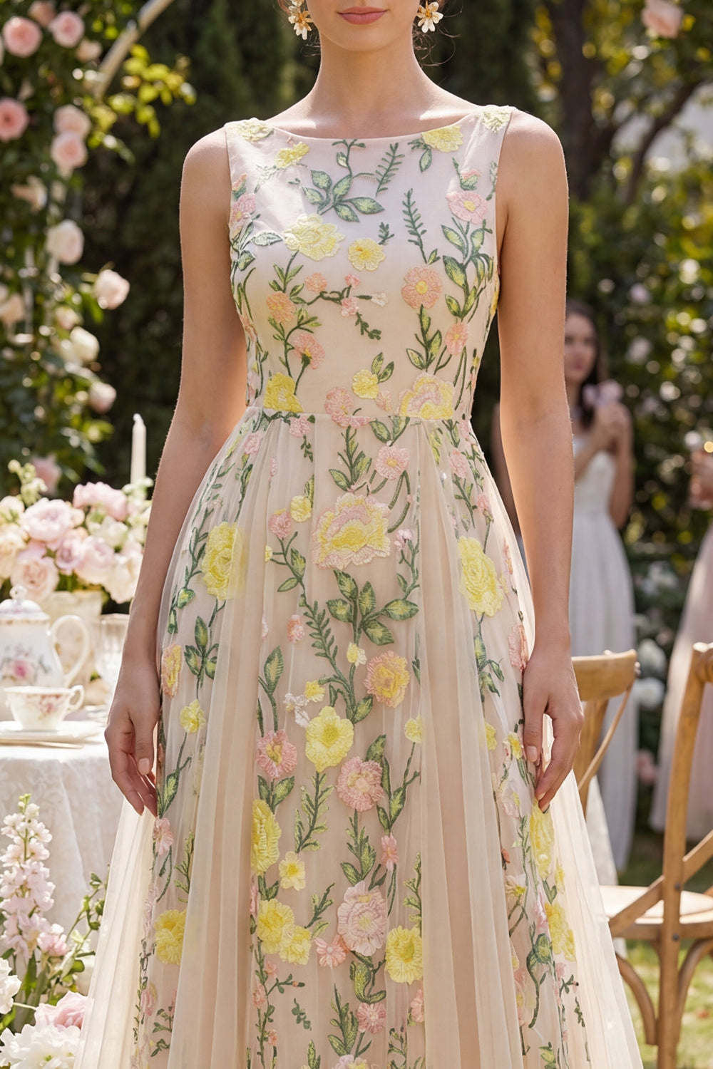 Boat Neck A Line Long Floral Champagne Formal Dress