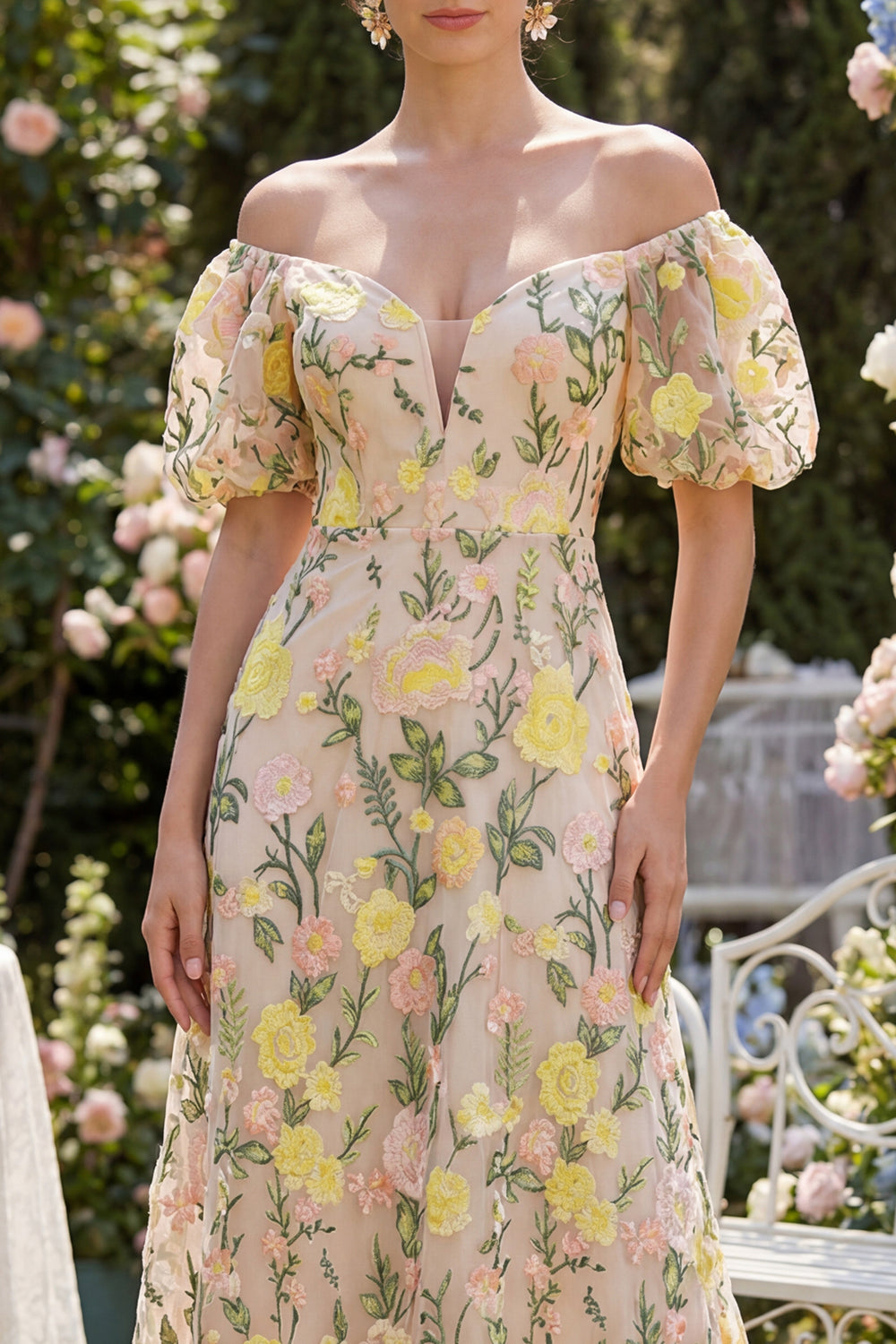 Off the Shoulder Floral Champagne A Line Maxi Formal Dress with Sleeves