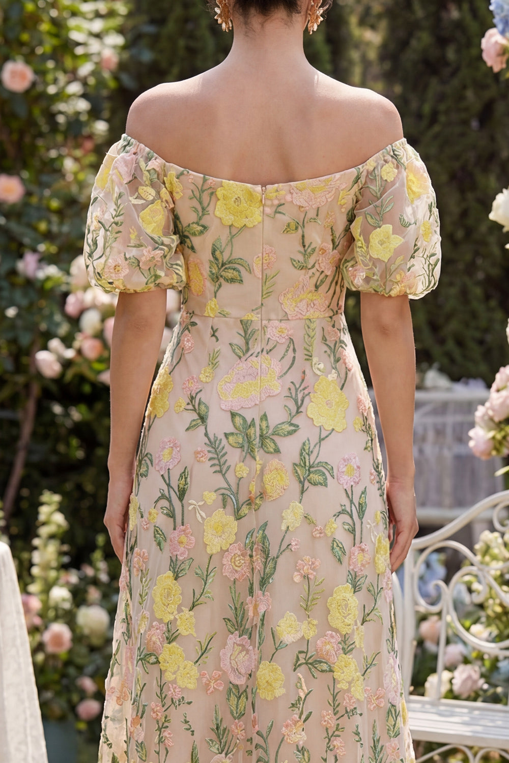 Off the Shoulder Floral Champagne A Line Maxi Formal Dress with Sleeves