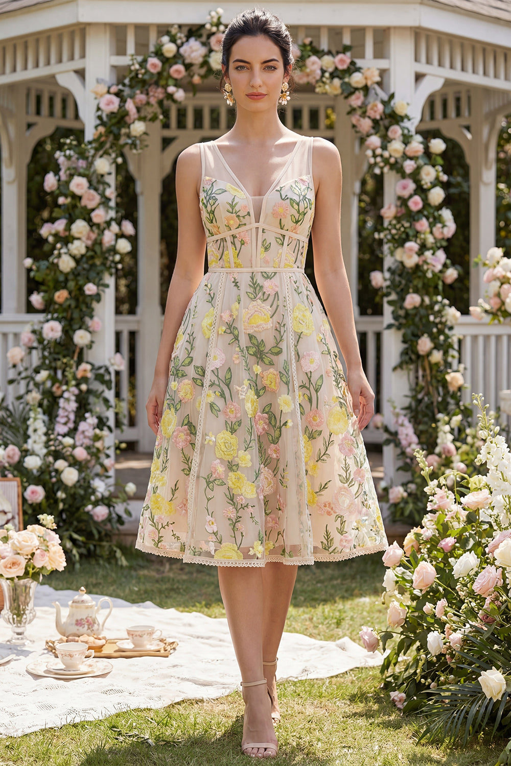 Corset V-Neck A Line Knee Length Champagne Formal Dress