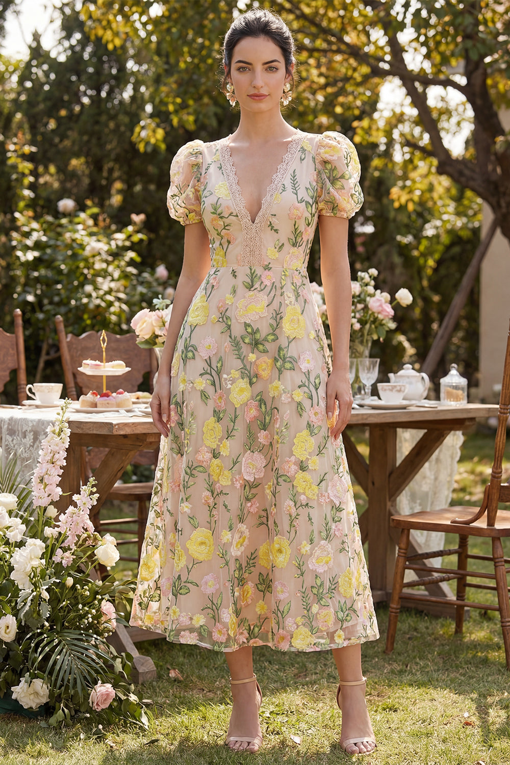 Puff Sleeves A Line Maxi Floral Champagne Formal Dress with Lace