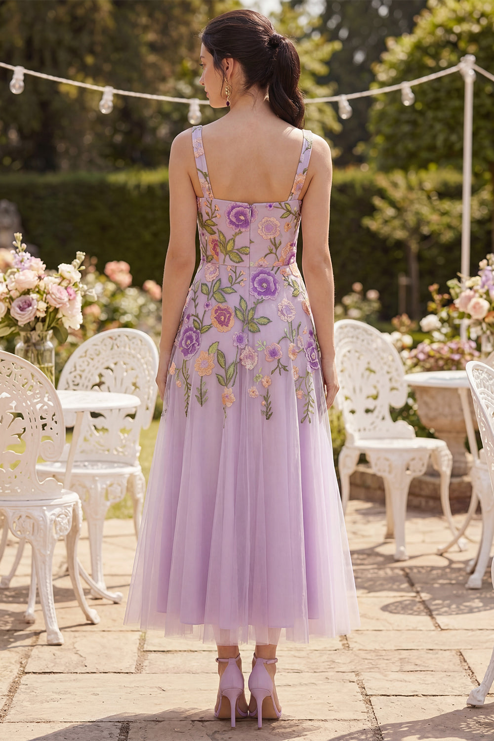 Square Neck A Line Maxi Floral Lilac Formal Dress