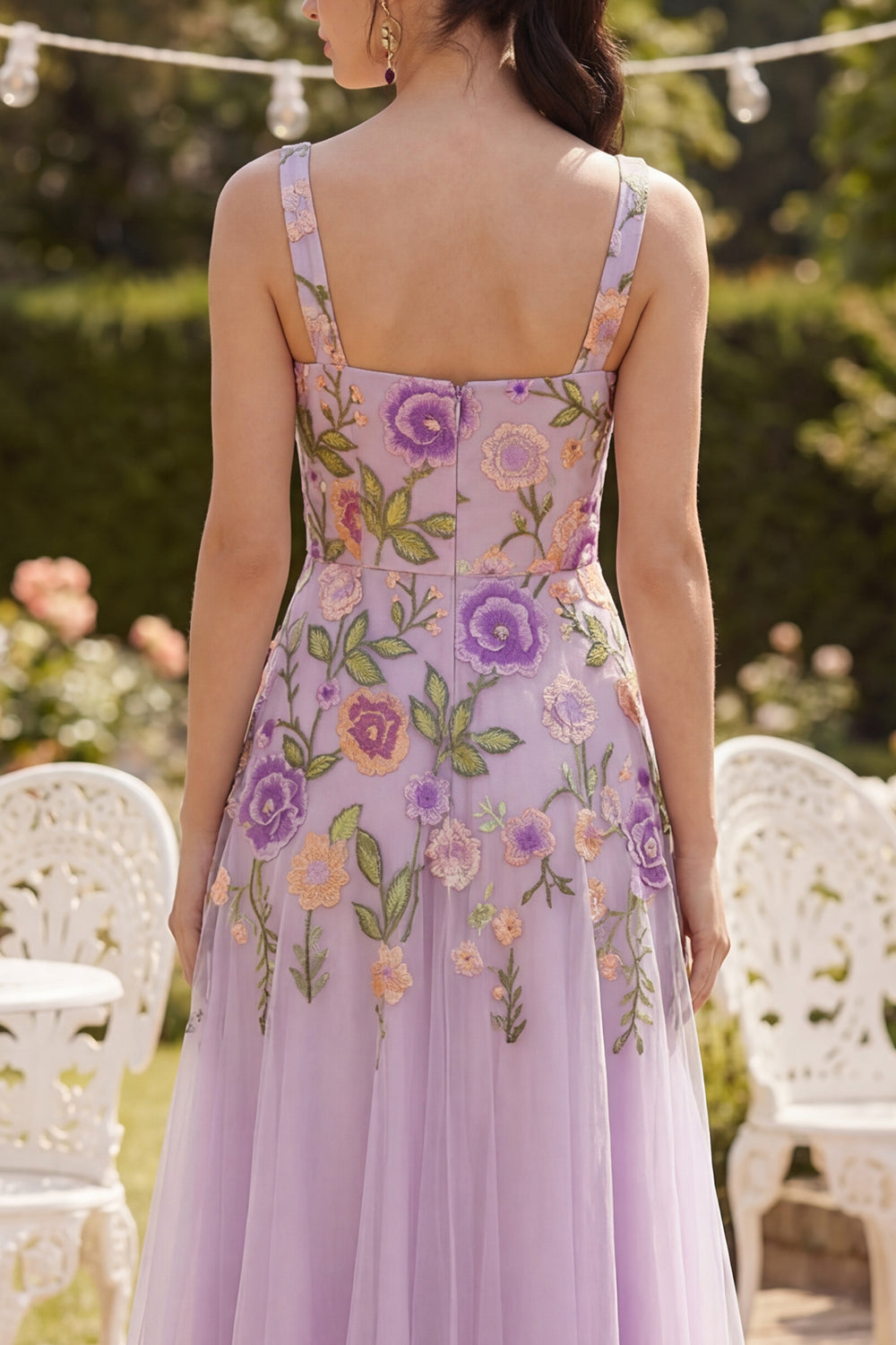 Square Neck A Line Maxi Floral Lilac Formal Dress
