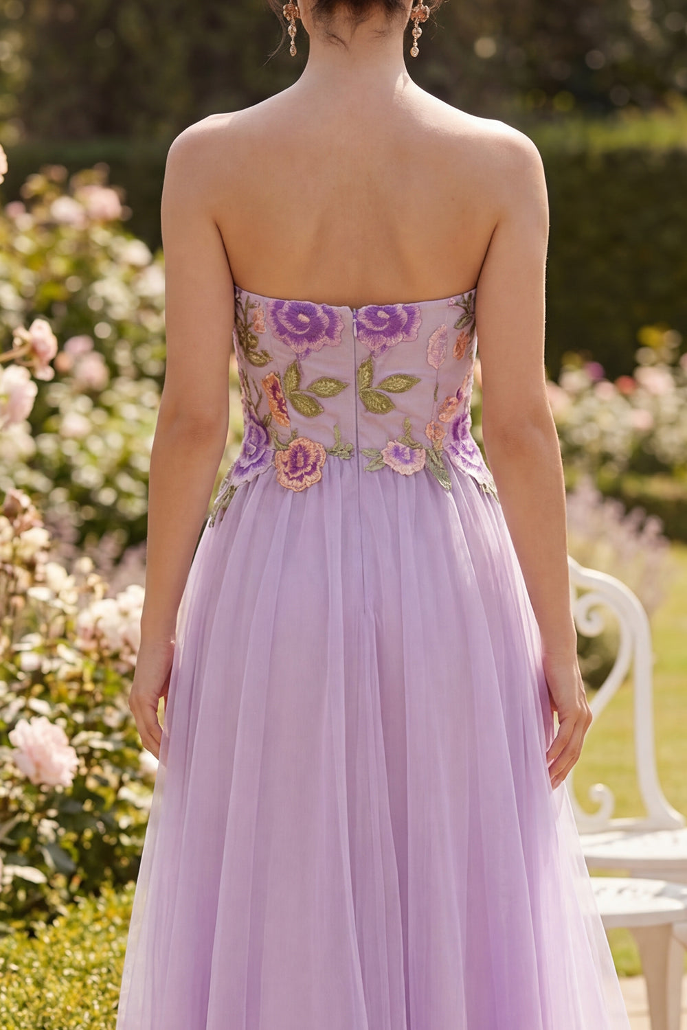 Strapless A Line Maxi Floral Lilac Formal Dress