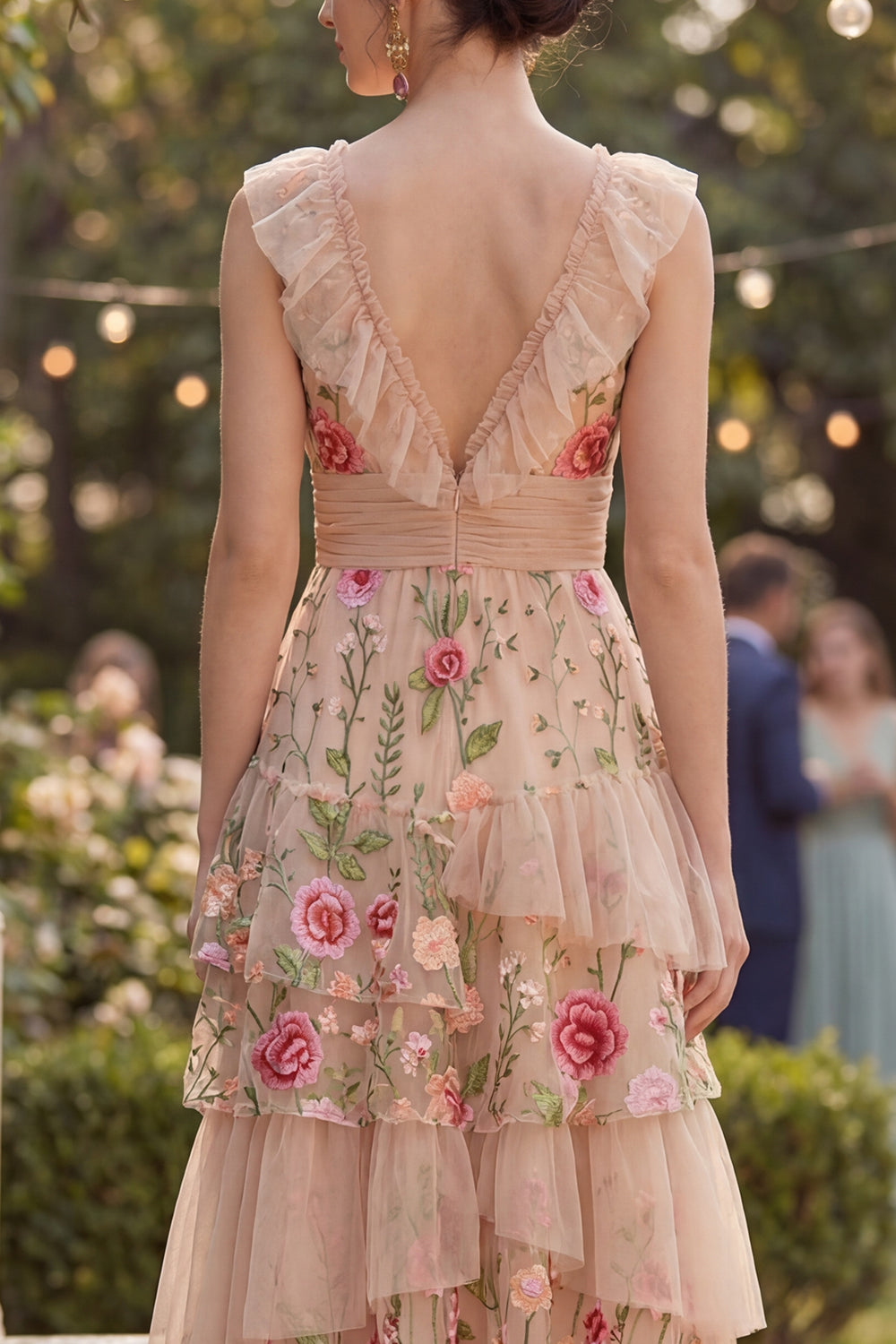 V-Neck A Line Maxi Floral Blush Ruched Formal Dress with Ruffles
