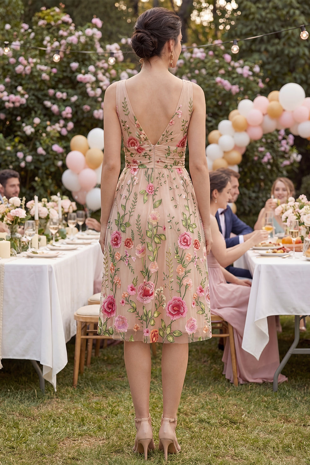 Ruched A Line Knee Length Floral Blush V-Neck Wedding Guest Dress