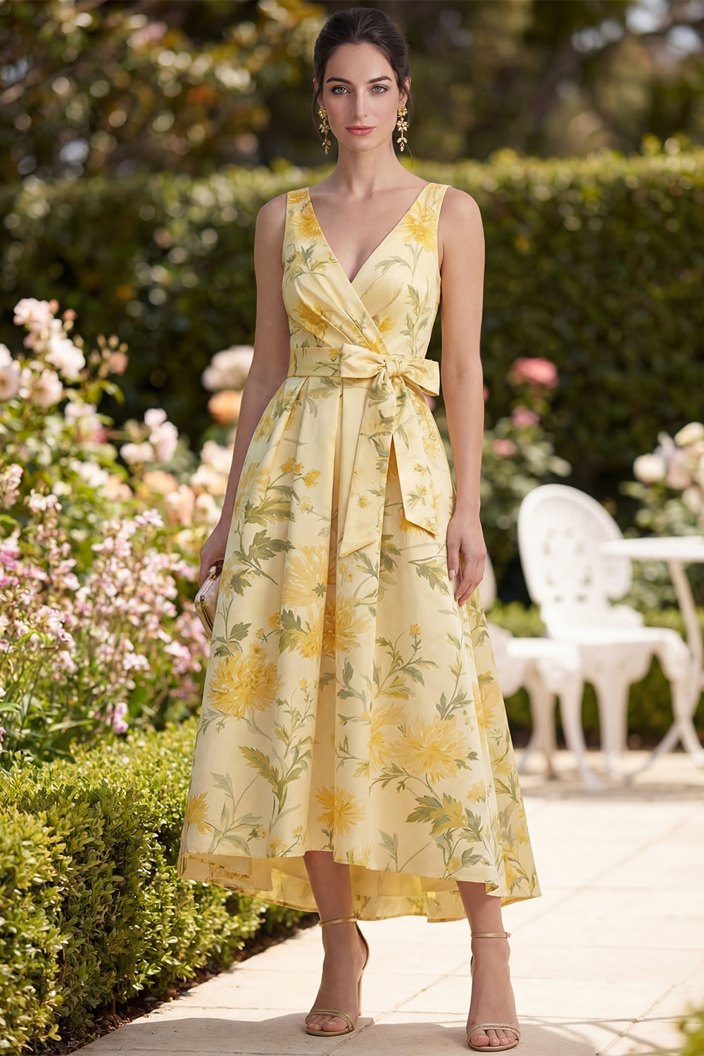 Floral Butter Yellow V-Neck Ruched A Line Formal Dress with Bow