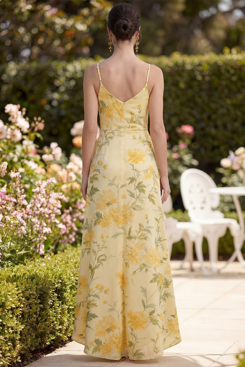 Ruched Floral Butter Yellow Sheath Maxi Spaghetti Straps Formal Dress