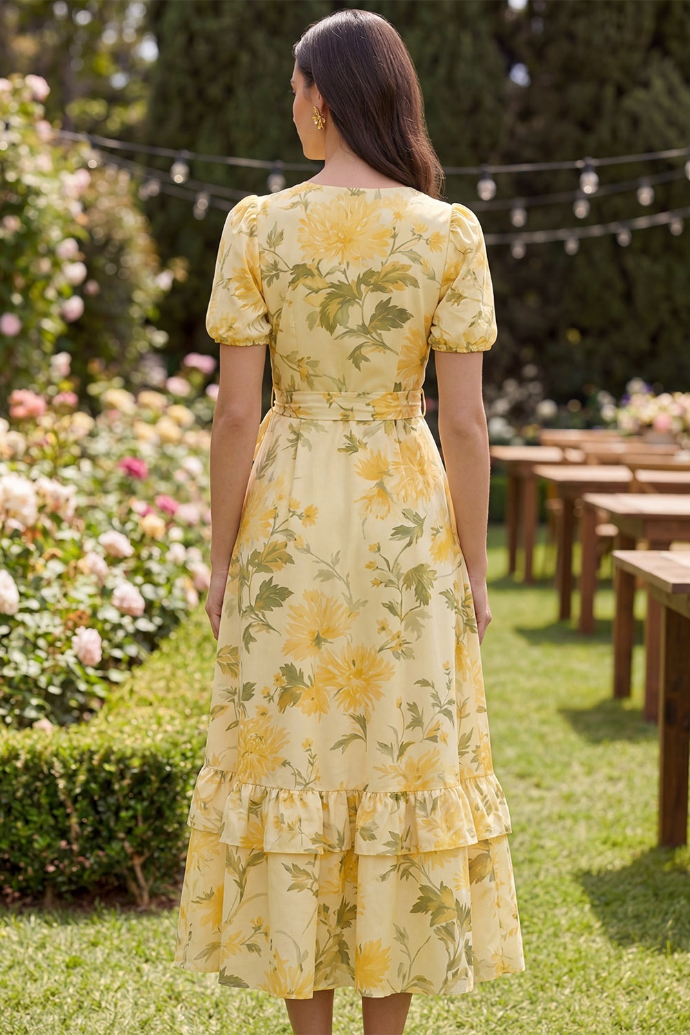 Floral Butter Yellow Ruffled Puff Sleeves A Line Formal Dress with Bow