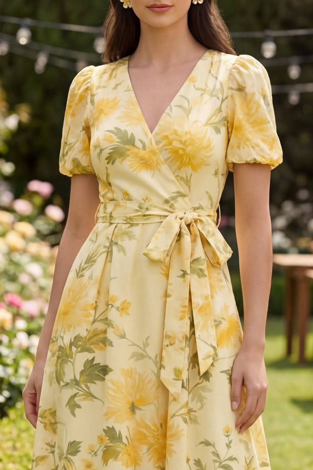 Floral Butter Yellow Ruffled Puff Sleeves A Line Formal Dress with Bow