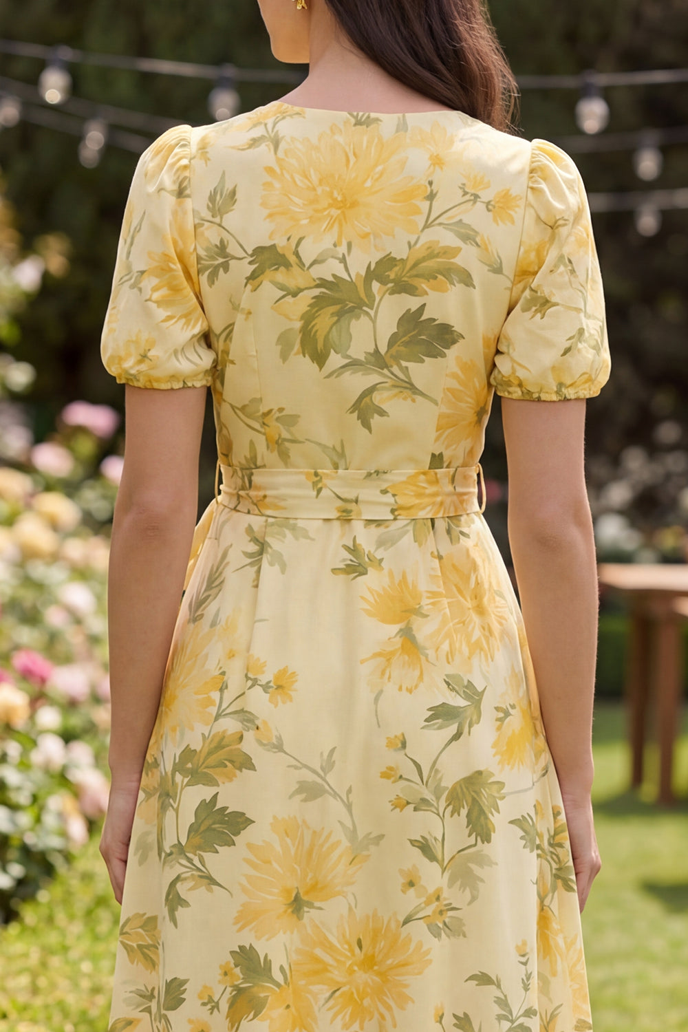 Floral Butter Yellow Ruffled Puff Sleeves A Line Formal Dress with Bow
