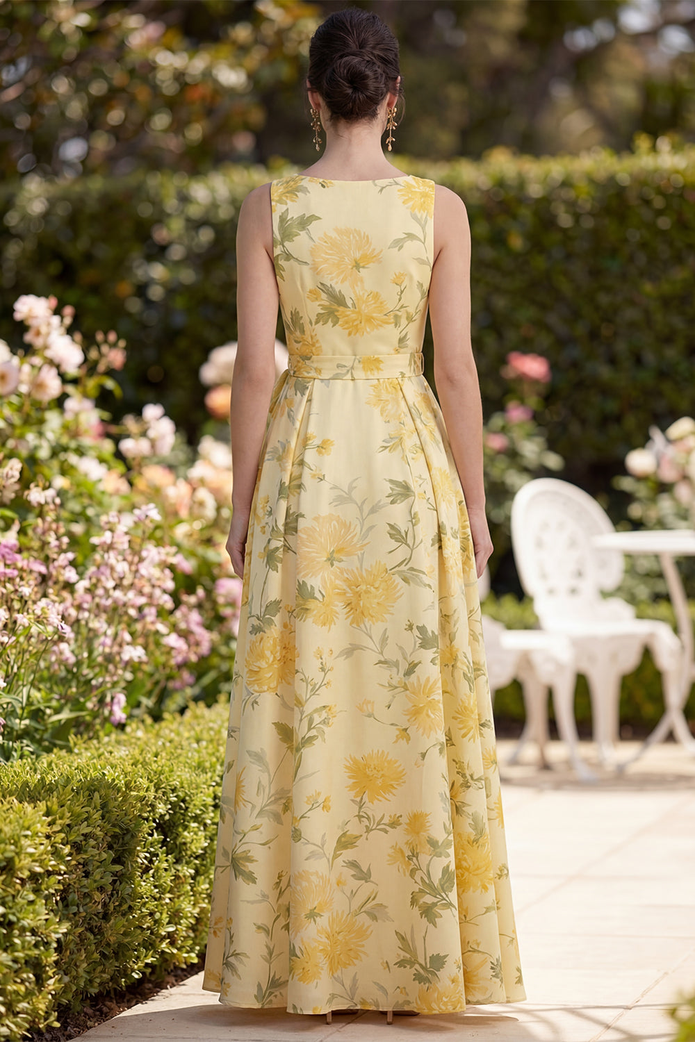 A Line Maxi Floral Butter Yellow V-Neck Formal Dress with Slit